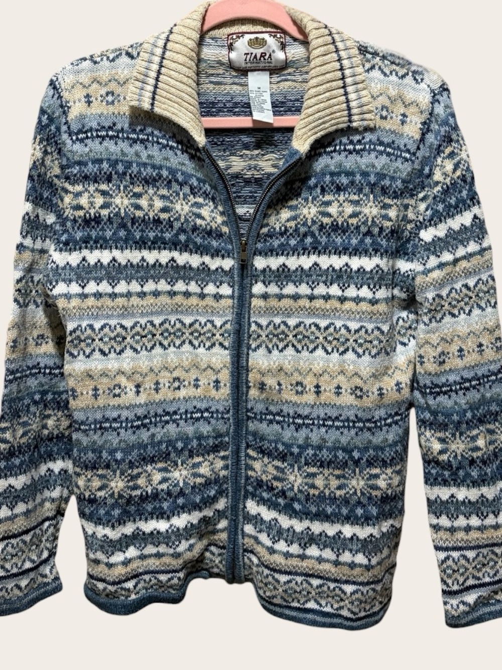 VINTAGE Tiara International Fair Isle Cardigan Women’s M Blue Cream Zip Up 2001